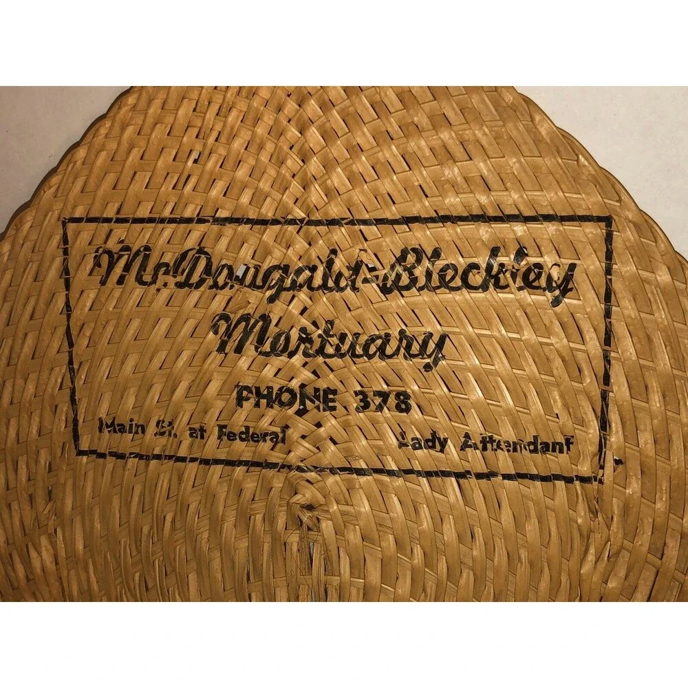 Vintage 20s 30s Wicker Woven Hand Fan McDougald-Bleckley Mortuary ANDERSON SC